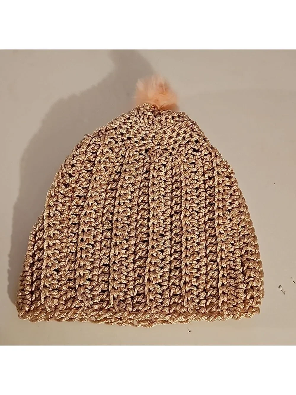 Handmade Crochet Pom pom Beanie hat Pink hollow out stitch Retro Nylon Art